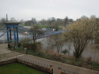 View from window of St Andrews bridge over river Clyde onto Glasgow Green St Andrews Bridge